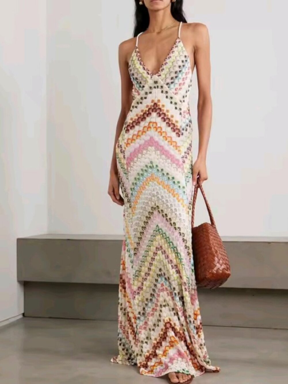 Bohemian Multicolor Chevron Halter Maxi Dress Retro Deep V Neck Criss Cross Back